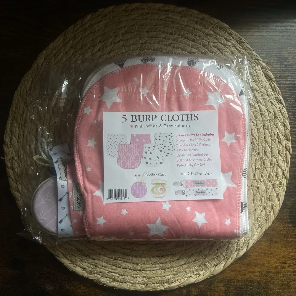 Babies 8 Pc Baby Gift Set Burp Cloths Pacifier Clips Holder Pink Stars NEW